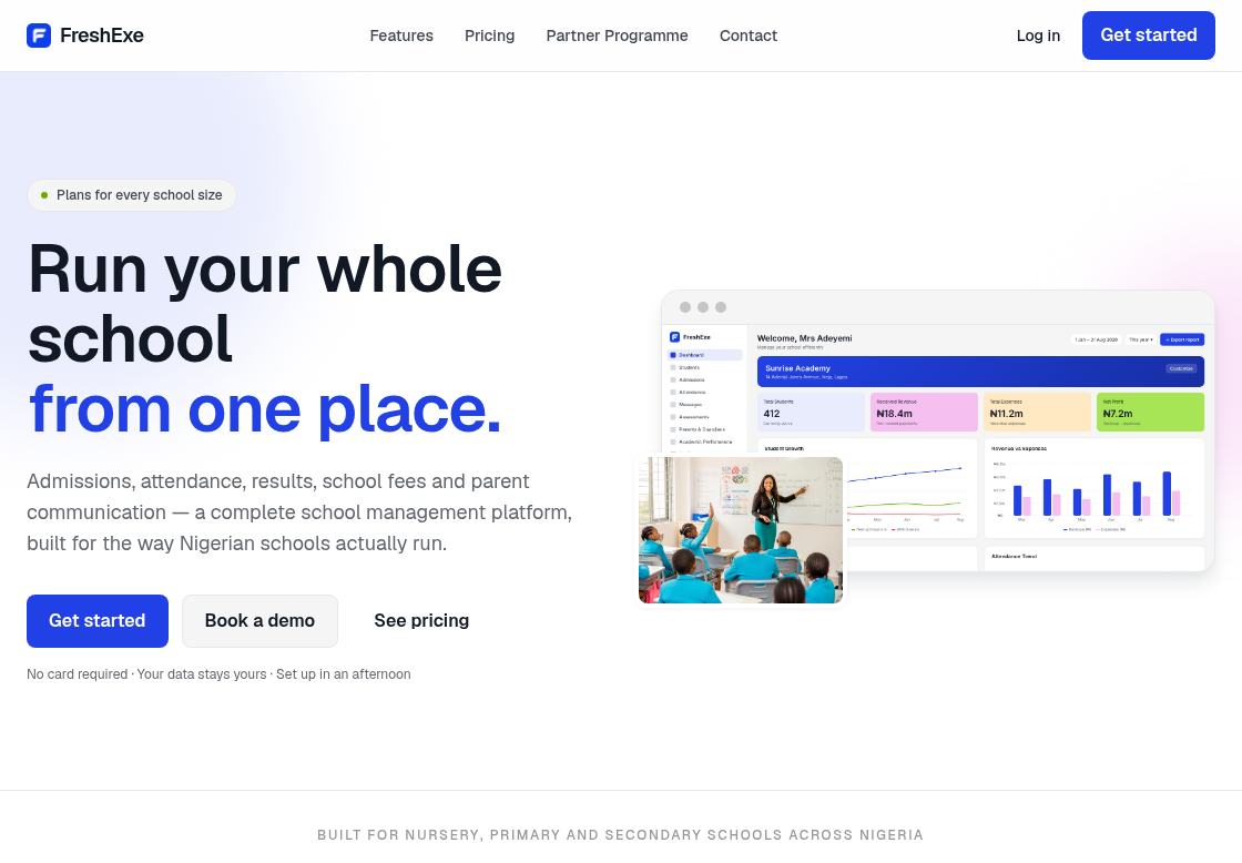 FreshExe Schools product website and interface