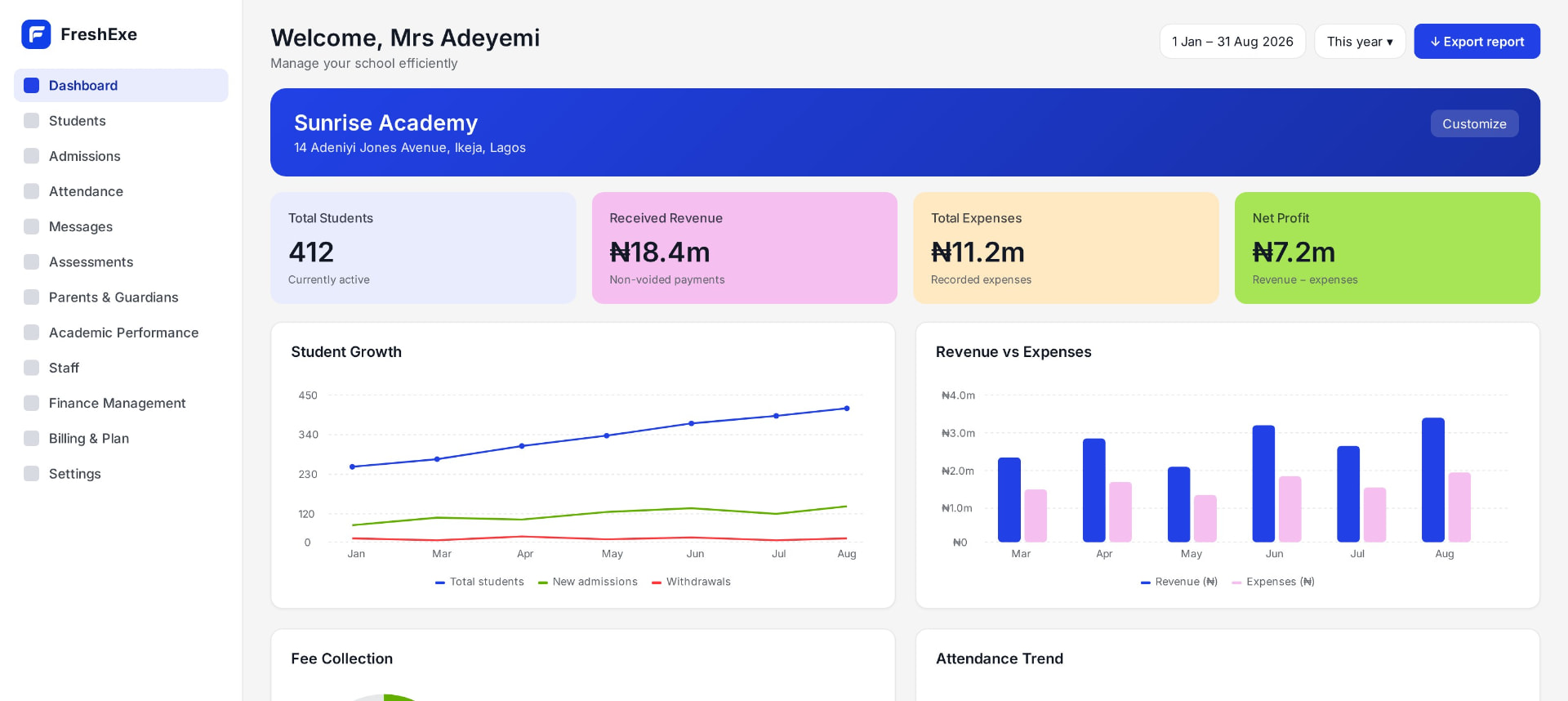 FreshExe Schools dashboard